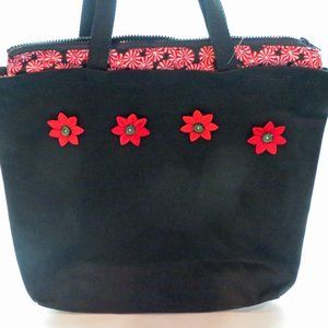 Poinsettia and Peppermint NEW Hand-Crafted Black Denim Zippered Holiday Tote